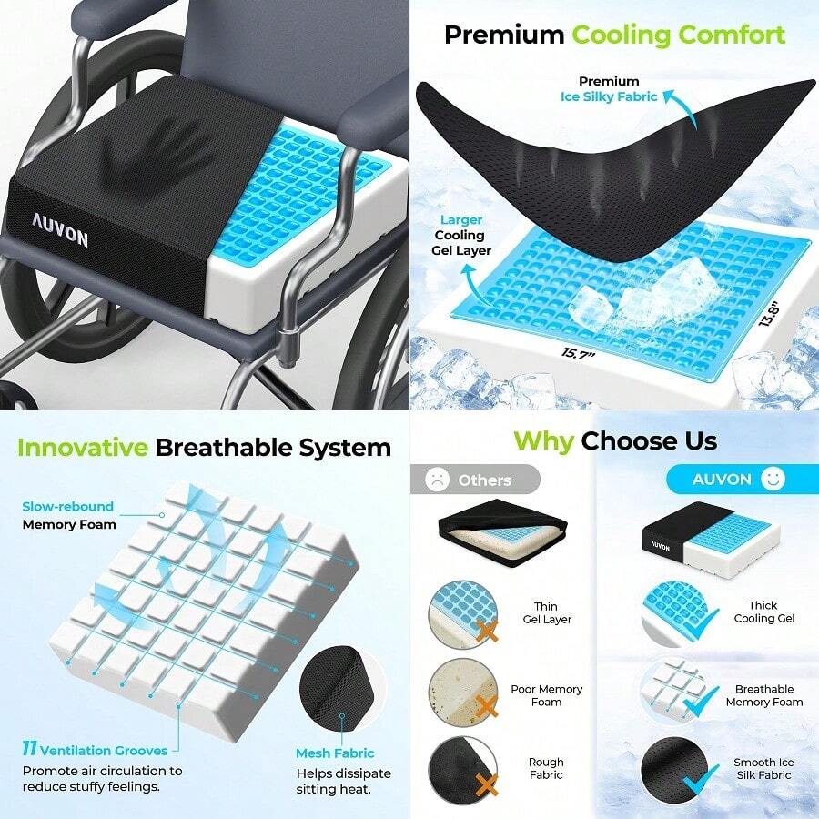 Cooling Gel Wheelchair Seat Cushion For Sciatica, Back, Pressure Sore And Ulcer Pain Relief, Breathable Memory Foam Chair Cushion With Waterproof Silk Fabric, Removable Strap, AntiSlip Cover - B0D8136N68 - View 1