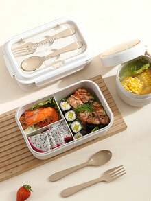 1 pieza Caja de almuerzo para microondas - a prueba de fugas con juego de utensilios - adecuada para la escuela, la oficina, los viajes, al aire libre - unisex, contenedor portátil, material, caja bento reutilizable - Multicolor - Ver 4