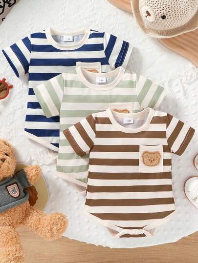 3pcs/Set Cute Baby Boy Outfit, Casual & Fashionable Soft & Comfortable, With Adorable Bear Embroidered Pocket Striped Patchwork Romper, Suitable For Summer Daily Wear, Outdoor Activities, Photography, Vacation, Party