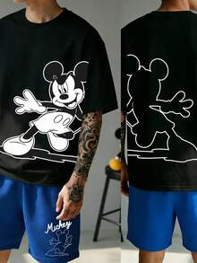 Disney 米奇印花男士休闲家居服两件套，圆领上衣和短裤，适合春夏穿着 - 黑色 - 查看 1