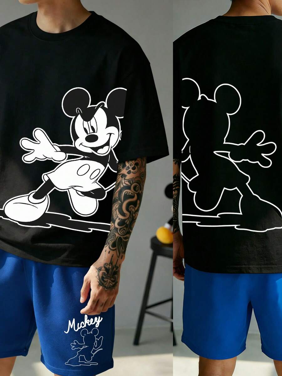 Disney 米奇印花男士休闲家居服两件套，圆领上衣和短裤，适合春夏穿着 - 黑色 - 查看 1