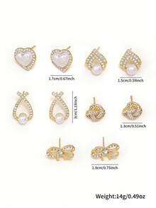 10pcs Chic Bow Knot Pearl Drop Earrings With Crystal Accents, Dainty Everyday Jewelry For Office Ladies And Date Night Outfits - Multicolor - View 5