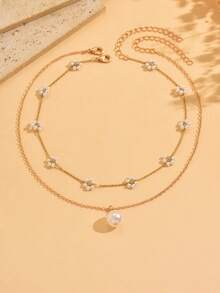 2pcs Delicate Minimalist Golden Flower Necklace, Fashionable Elegant Faux Pearl Pendant Necklace Suitable For Daily Wear And Party - Multicolor - View 3