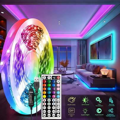 1条智能梦幻主题RGB LED灯带，带遥控器、USB供电，支持16种颜色变化和8种动态模式，6种DIY模式，适用于室内照明、电视背光、厨房装饰、派对、酒吧和走廊等场合。