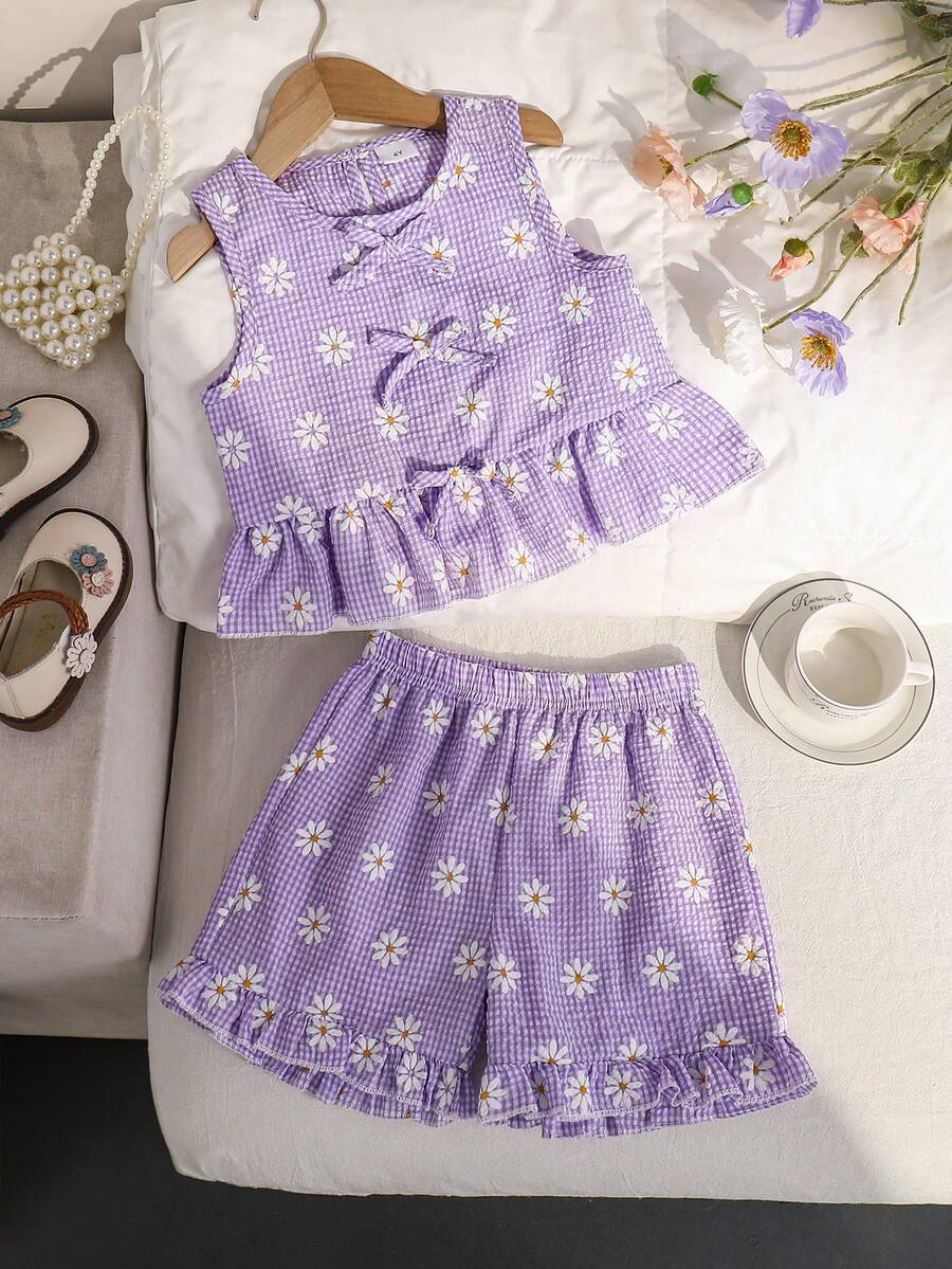 2pcs/Set Girls' Daisy Print & Plaid Top And Pants Set, Summer - Lilac Purple - View 1