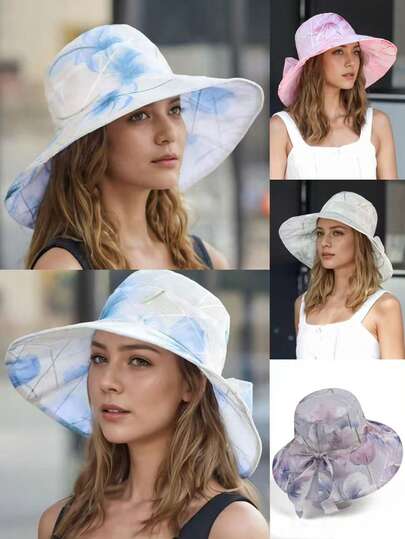 1pc Women's Wide Brim Hat, Ink Floral Print, Lightweight Breathable Bucket Hat With Bow Decor, Suitable For Spring/Summer Outdoor Travel Beach, Foldable Sun Hat, Fashionable & Elegant