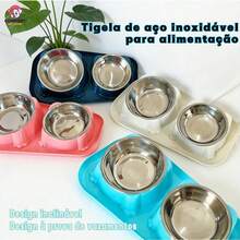 Comedouro e bebedouro 2 em 1 inox Duplo para bicho de estimação cachorro ou gatos C/antiderrapante Design inclinado - 182-Dois azuis-PP - Visão 2