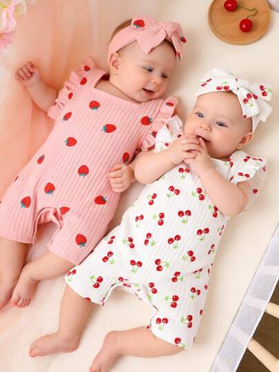 4pcs/Set Cute Baby Girl Outfit, Casual & Fashionable Soft & Comfortable, Strawberry & Cherry Pattern Ruffle Knit Romper And Headband Set, Suitable For Newborn Baby Girls, Daily Wear, Vacation, Party, Photography, Outdoor Activities, Summer