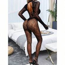 1pcs Women's Purple Fishnet Bodysuit, Sexy Lingerie, Hollow Out See-Through Mesh Tight Suit, Sexy Leopard Print Fishnet Stockings, Full Body Pantyhose, Women's Bodystocking, Backless Sleepwear Lingerie, Suitable For Any Season - 黑色 - 查看 3