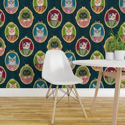 小猫肖像可移除自粘壁纸 - 维多利亚哥特风格 - 墙面艺术装饰