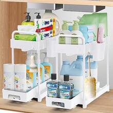 Paquete de 2 organizadores debajo del fregadero organizadores de cocina extraíbles de 2 niveles y organizador multiusos para estante debajo del fregadero para gabinete de cocina y baño - Blanco - Ver 1
