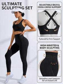 Bộ đồ thể thao nữ 2 món gồm quần legging cạp cao không đường may và áo bra nâng ngực. - màu đen - Xem 5
