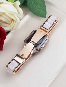 2-In-1 Women Fashion Rose Gold & Shiny White Stainless Steel & Resin Watch Strap With Watch Case Compatible With IWatch 40mm 41mm 44mm 45mm,Luxury Fashion Stainless Steel Watchband Compatible With Apple Watch Series 9 8 7 SE3 6 5 4,High Fashion Smart Watch Strap Compatible With Apple Watch Bands,Bracelet Watch Strap Accessories Set - Rose Gold With White Flash - View 4