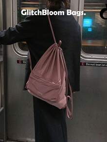 时尚百搭尼龙抽绳背包，粉色手提包/单肩包，ins风女包，大容量防水背包 - 西瓜粉 - 查看 1