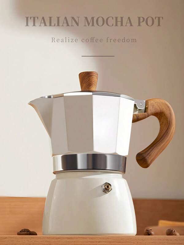 1个摩卡壶。白色意式浓缩咖啡壶。易于清洁的全金属结构。简约风格。可制作浓郁奶泡，配有可重复使用的滤网，适用于所有热源——是咖啡爱好者的绝佳礼物。