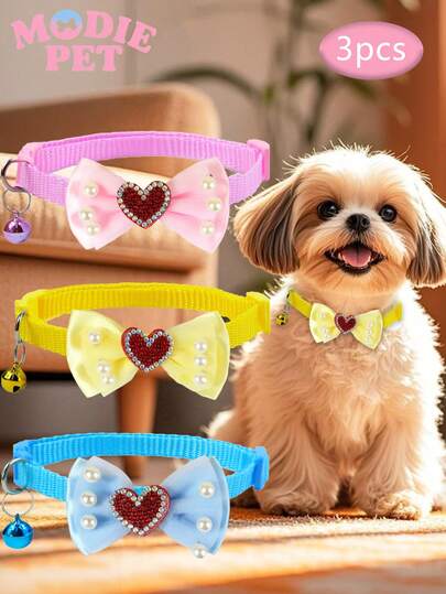 1/3 Stücke einstellbares süßes Herz, Perlen & Fliegen Haustier Halsband Set, Dekoration für glückliche Katzen und Hunde