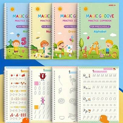 Set de 4 cuadernos grandes reutilizables para práctica de escritura a mano con trazado cómodo, palabras de uso frecuente, surcos, libros de trabajo de práctica mágica (4 libros + 1 bolígrafo + 5 recargas + 1 agarre de bolígrafo) - Regalo de Halloween y Navidad