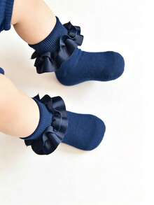 1 Pair Girls/Kids Ruched Floral Trim Ankle Socks, Princess Baby Socks - Navy Blue - View 3
