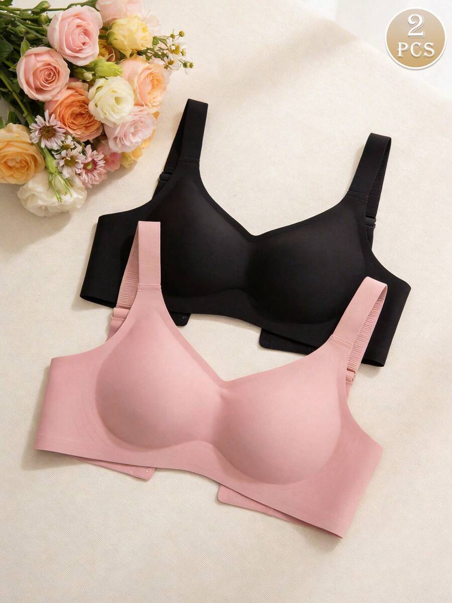 2 piezas Sujetadores deportivos minimalistas y cómodos para mujer, sin cables, de unicolor - Multicolor - Ver 1