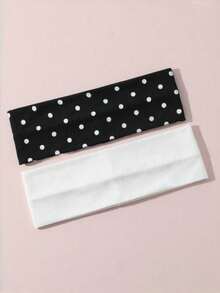 2件套女士时尚波点印花柔软防滑发带，弹性瑜伽运动发带，多功能发饰，适合日常佩戴、夏季沙滩发带、度假旅行 - 黑色波點+白色 - 查看 6