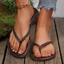 Women's Thong Slides PU Leather Flip Flops Braided Sandals Summer Beach Vacation Open Toe Shoes Slippers - 棕色 - 查看 7