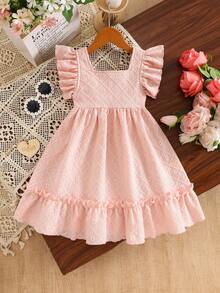 Girls' Casual Comfortable Solid Color Cap Sleeve Bow Hollow Embroidered Dress, Spring/Summer - Pink - View 3