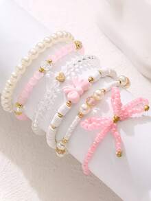 1 Set (6 piezas) Pulsera con cuentas de perlas falsas y cristales, adecuada para uso diario y fiestas de niñas - Rosa - Ver 3