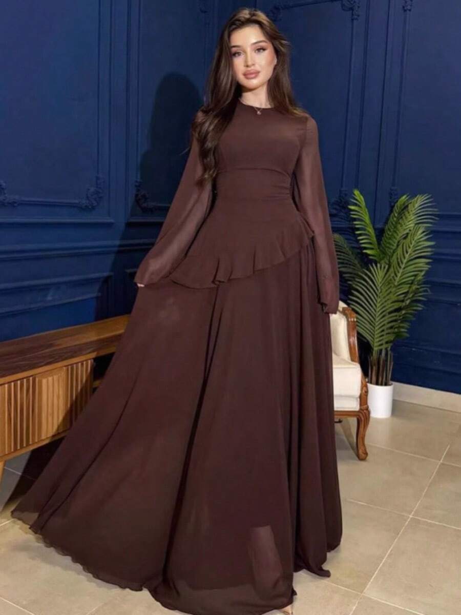 New Autumn Collection: Pure And Alluring High-End Round-Neck Slim-Fit Long-Sleeve Dress - Coffee - View 1