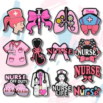 13pcs Pink Medical Theme Charms, Classic & Unique, Inspire Endless Creative Inspiration. Suitable For DIY Decoration, Whether Decorating Shoes, Bags, Bracelets, Or As Party Gifts, Holiday Decorations, Birthday Small Gifts, Can Showcase Unique Personalized Basics
