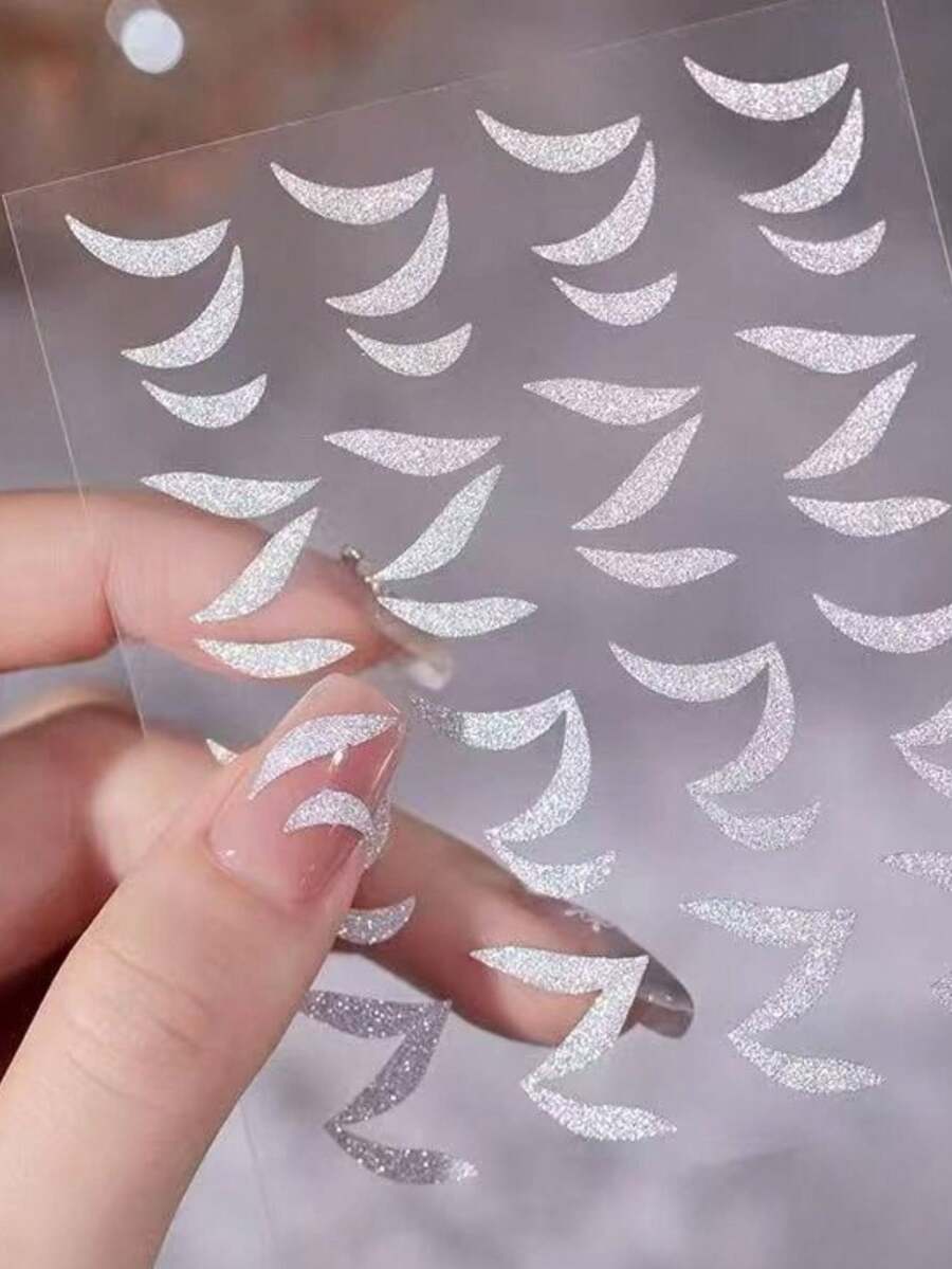 1pc Rhinestone Glitter Silver Silk Ribbon Nail Sticker, INS French Metallic Mirror Nail Sticker With Half-Moon Line Silver Adhesive Sticker - Silver - View 1