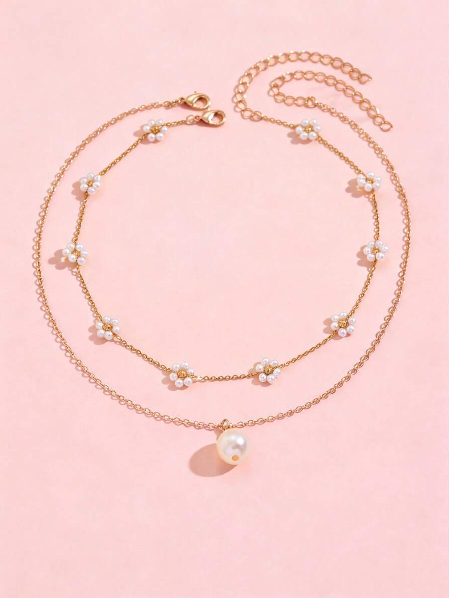 2pcs Delicate Minimalist Golden Flower Necklace, Fashionable Elegant Faux Pearl Pendant Necklace Suitable For Daily Wear And Party - Multicolor - View 1