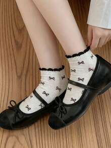 5双装女士透气可爱蝴蝶结图案休闲短袜，适合日常穿着和外出，四季皆宜 - 彩色 - 查看 5