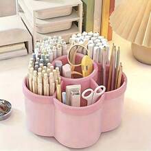 OBOVAY 1pc 360° Rotating Desktop Storage Box With 6 Compartments, PP Organizer, Large Capacity Pen Holder For Students & Kids, Ideal For Makeup Brushes, Pens & Desk Accessories, Simple Design For Office, Bathroom, Vanity, Home (Sticker Pattern Random) - Multicolor - View 2
