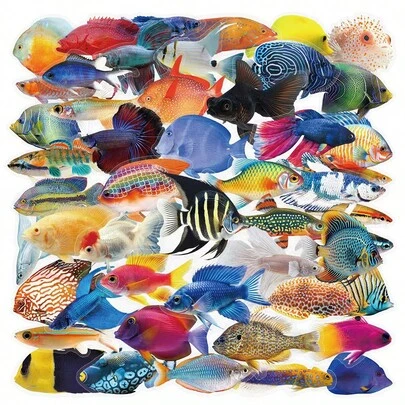 50 piezas de pegatinas transparentes de peces, adecuadas para fundas de teléfono, scrapbooking, equipaje, botellas de agua, decoración de computadoras, resistentes al agua