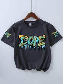 青少年男童“DOPE”字母印花圆领短袖T恤，新款春夏童装 - 深灰色 - 查看 3
