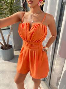 AIJ Amarilo Women's Orange Solid Elegant Casual Sexy Adjustable Straps Backless Smocked Ruched Mini Romper Summer Spring Beach Party Vacation Wedding Guest Graduation Spring Break Festival Season Holiday Season Jumpsuit Playsuit - Orange - View 3