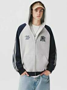 Men Casual Hooded Sweatshirt Jacket Vintage American Streetwear Pullover Coat Unisex Spring Autumn Fashion Outerwear - 淺灰色 - 查看 1