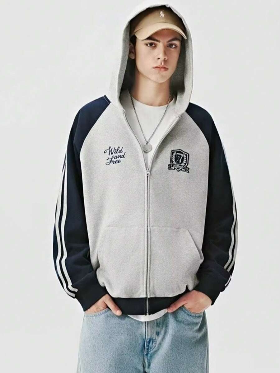 Men Casual Hooded Sweatshirt Jacket Vintage American Streetwear Pullover Coat Unisex Spring Autumn Fashion Outerwear - 淺灰色 - 查看 1