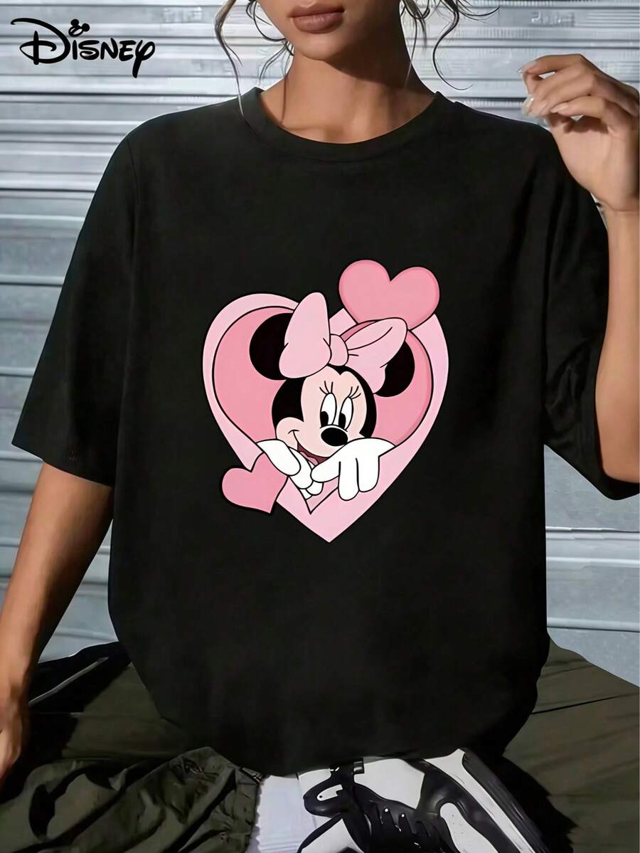 Disney Minnie Mouse Pink Hearts Graphic Tee, Soft Cotton, Breathable, Unisex Casual Pullover T-Shirt For SummerMade From Soft, Comfortable, And Durable Pure Cotton, This Is An Ideal Choice For Spring And Summer. This Crew Neck T-Shirt Is Suitable For Various Occasions, Including Everyday Wear, Shopping, Parties, Travel, And Gatherings, And Also Makes A Thoughtful Gift. - 黑色 - 查看 1