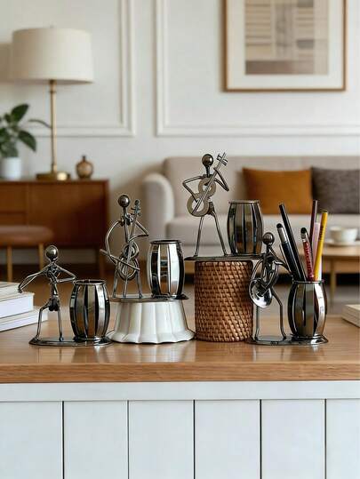 1pc Vintage Iron Band Musician Pen Holder, Creative Handmade Home Decor Accessory, Suitable For Bar, Restaurant, Romantic Candlelight Dinner