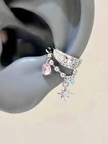 1pc 316L Stainless Steel Star & Cubic Zirconia Dangle Helix Earring, Y2K Punk Style Cartilage Piercing Jewelry For Women - Silver - View 3