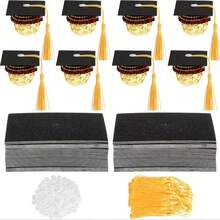 20pcs Graduation Cap Decorations - (Black Card + Yellow Tassel + White Buckle + Adhesive Dot), Candy Decor, DIY Craft, Black Paper Mini Graduation Cap With Gold Glitter Accents, Party Supplies & Photo Props, Ceremony Decor, Elegant Tassel Accent, Holiday Handicraft, Event Organizer - Graduation Cap Decoration - View 2