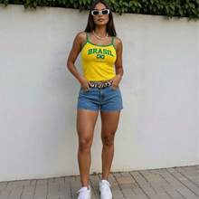 Women's Cropped Brazil Premium Suplex Top – World Cup Style Tank Top - Women's Brazil Cropped Top – Comfortable Premium Suplex Fabric - Women's Brazil Cropped Tank Top For The World Cup - 黃色 - 查看 3