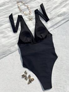 女士黑色深V领挂脖连体泳衣，金属扣扭腰设计，高开衩腿部，性感修身沙滩度假拍照泳装，夏季休闲 - 黑色 - 查看 3