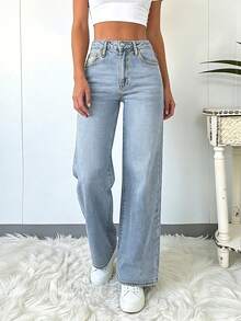 Elegant & Casual Women's Wide Leg Jeans, Denim Effect, Solid Color Washed, Full Length, Medium Stretch Spring - Baby Blue - View 6