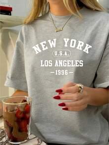 New York Los Angeles Independence Day Graphic Tee Independence Day Shirt Y2k Woman Teen Girls Tee,Vintage Print Top, Funny Cute Graphic Letter Tee Crew Neck Cool Summer Shirt Short Sleeve Top,Animal Fruite Pet Pattern, Women Graphic-Shirt, Fashion 2025,Gifts, Women's Clothing, Cartoon And Letter Printing, Comfortable Cotton Material, Skin Friendly, Soft And Cool, Spring Summer Women's-Shirt ClothingSports Short Sleeves - 灰色 - 查看 10
