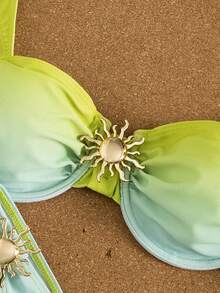 Conjunto de 3 piezas de traje de baño tankini de color sólido, diseño de tirantes anchos con aros para un soporte cómodo, estilo de playa de moda - Verde degradado - Ver 5