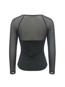 Mesh Sheer Splice Square Collar Fitted Long Sleeve U-Neck Cropped Elastic Knit Solid Black Top - Cool Girl Style Suitable For Bar Dates, Street Fashion, Spring/Autumn Casual Outings - Black - View 7