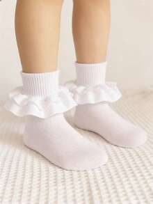 1 Pair Girls/Kids Ruched Floral Trim Ankle Socks, Princess Baby Socks - White - View 1