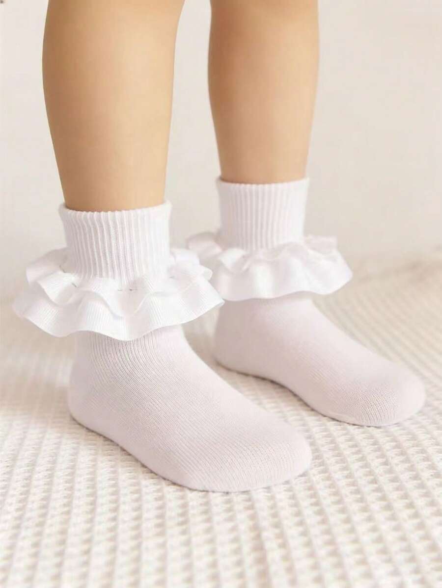 1 Pair Girls/Kids Ruched Floral Trim Ankle Socks, Princess Baby Socks - White - View 1